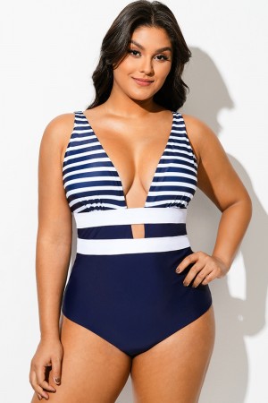 Traje de Baño de Una Pieza con Cortes y Rayas de Color Azul Marino
