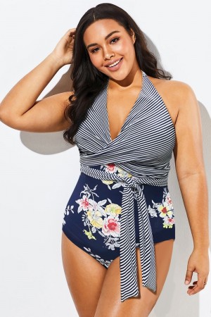 Traje de Baño de Una Pieza Cuello Halter Cruzado con Floral Estampado
