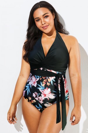 Traje De Baño De Una Pieza V-Cuello Con Estampado Floral