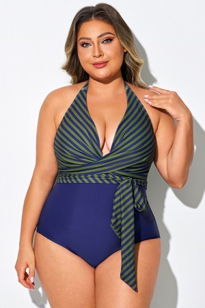 Traje de baño de una pieza con escote halter y efecto cruzado a rayas verdes y azules