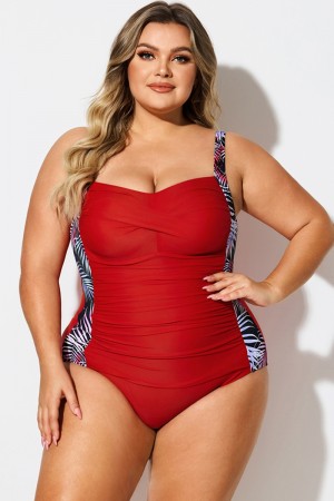 Traje De Baño De Una Pieza V-Cuello Con Control De Barriga Y Hojas Estampado