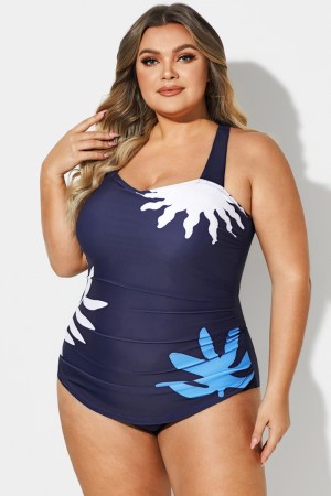 Traje de Baño de Una Pieza Marino H-Espalda con Pareo Frontal