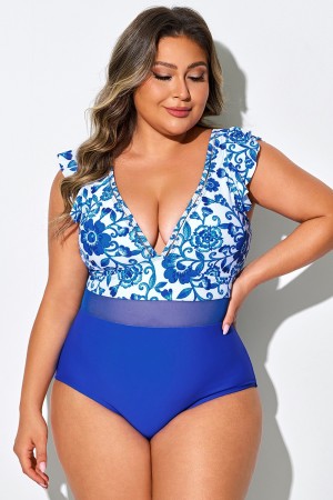 Traje de baño de una pieza con escote en V pronunciado y volantes florales azules
