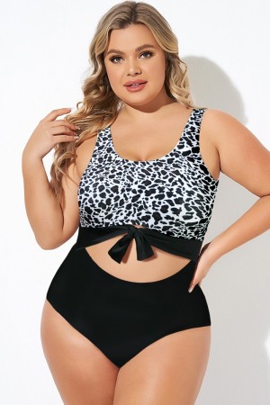 Traje De Baño De Una Pieza Anudado A Rayas Con Estampado De Leopardo