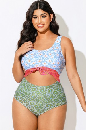 Traje De Baño De Una Pieza Anudado Con Estampado De Parches De Margaritas