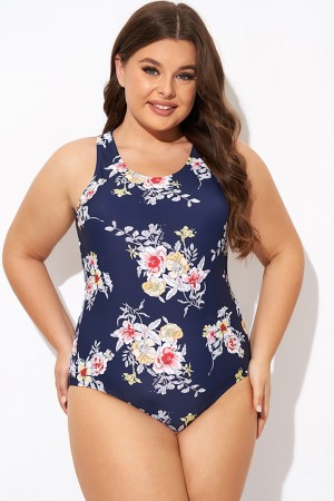 Traje de Baño de Una Pieza Floral Cuello Redondo con Espalda Cruzada a Rayas