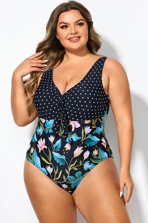 Traje de Baño de Una Pieza Cuello Redondo con Polca Puntos Nudos y Floral Estampado