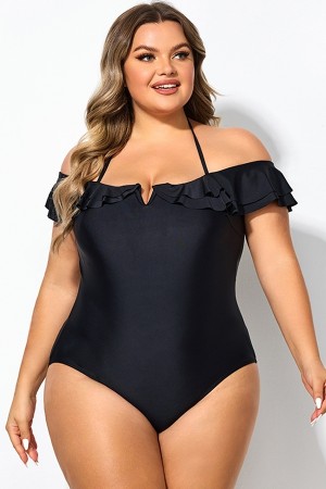 Traje de Baño de Una Pieza Negro Volante sin Hombros