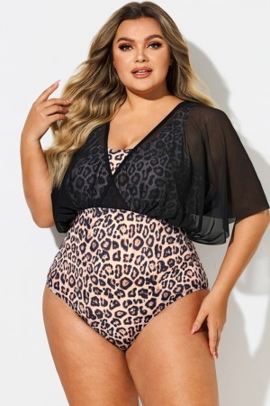 Traje De Baño De Una Pieza V-Cuello De Malla Con Leopardo Estampado