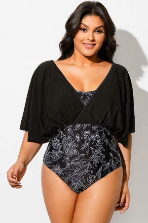 Traje de Baño de Una Pieza con Estampado Floral de Malla Negra y Parches