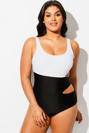 Traje de Baño de Una Pieza con Cortes y Bloques de Color Blanco y Negro de Talla Grande