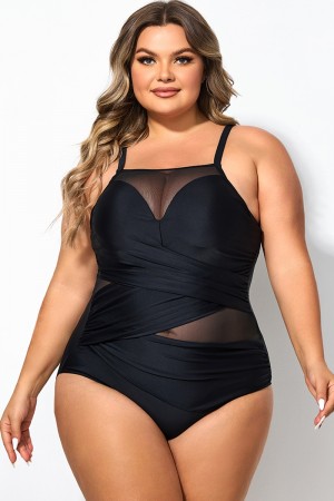 Traje de Baño de Una Pieza Negro Cuello Redondo con Correas Ajustables