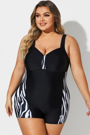 Traje de Baño de Una Pieza Blanco y Negro V-Cuello con Deportivo Corto
