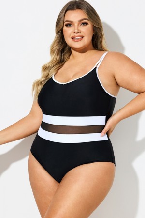 Traje De Baño De Una Pieza Blanco Y Negro De Talla Grande De Malla