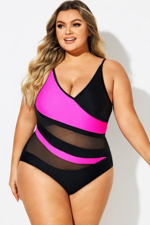 Traje De Baño De Una Pieza De Talla Grande V-Cuello Con Bloques De Color