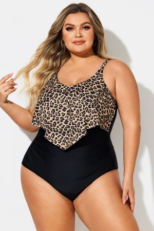 Traje De Baño De Una Pieza V-Cuello Dobladillo Fruncido Con Leopardo Estampado