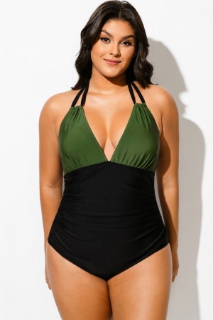 Traje De Baño De Una Pieza Con Escote En V Y Cuello Halter En Verde