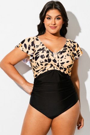 Traje De Baño De Una Pieza Con Mangas Fruncidas Y Volantes Con Estampado De Leopardo