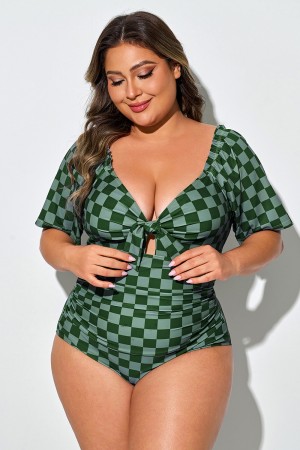 Traje De Baño De Una Pieza De Manga Corta Con Cuadros Verdes