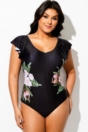 Traje De Baño De Una Pieza Con Escote En V Y Volantes Con Estampado Floral Negro