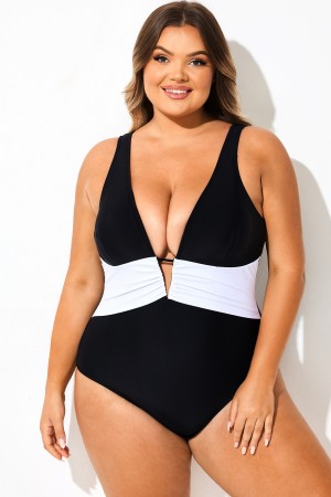 Traje de baño de una pieza ajustado con cuello en V en blanco y negro