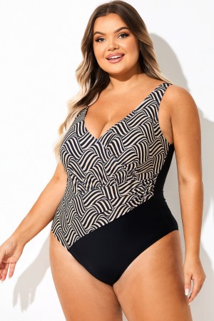 Traje de baño de una pieza cruzado con estampado de rayas al azar