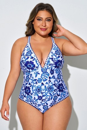 Traje De Baño De Una Pieza Con Estampado De Porcelana Azul Y Blanca