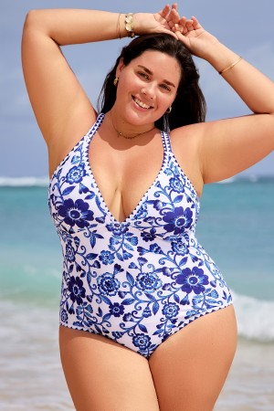 Traje De Baño De Una Pieza Con Estampado De Porcelana Azul Y Blanca