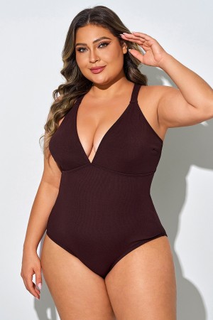 Traje de baño de una pieza de tela cómoda color marrón sólido