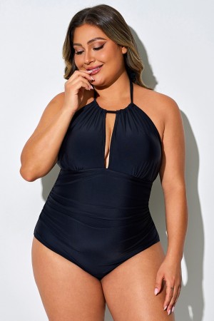 Traje de baño de una pieza con cuello halter calado en color negro liso