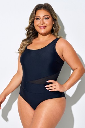 Traje de baño de una pieza con escote asimétrico y inserción de malla negra