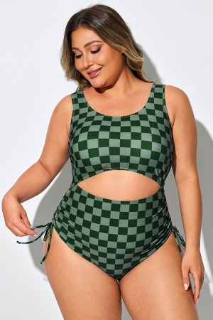Traje de baño de una pieza con aberturas delanteras y traseras a cuadros verdes