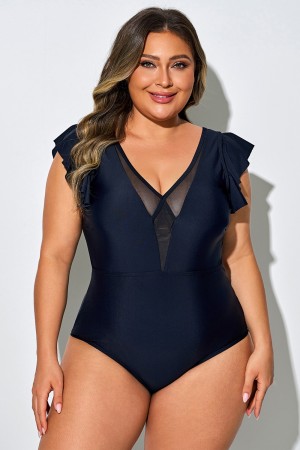 Traje de baño enterizo cruzado de malla negra con ribete de volantes