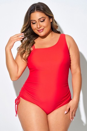 Traje de baño enterizo rojo de talla grande con escote asimétrico
