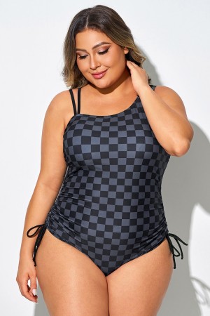 Traje de baño de una pieza con escote asimétrico y estampado de cuadros negros