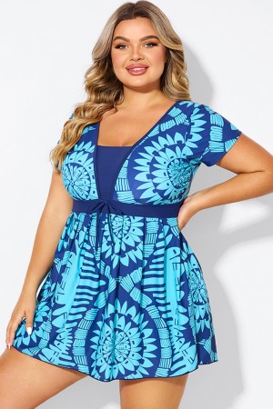Vestido de Baño de Manga Corta Cian con Tribal Estampado para Mujer