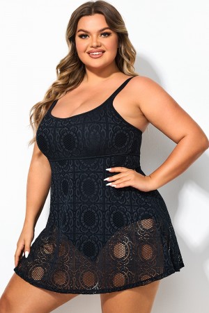 Vestido de Baño Negro de Talla Grande Lencería de Ganchillo con Correa