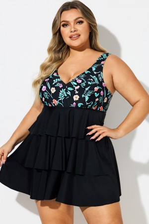 Traje De Baño De Talla Grande V-Cuello Con Estampado Floral En Capas