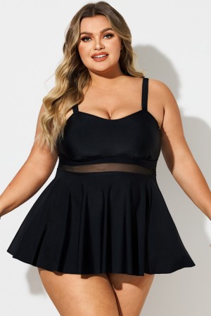 Traje De Baño Negro De Talla Grande Cuello Corazón Con Malla En Contraste