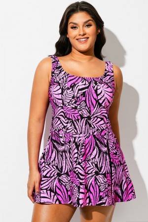 Traje de Baño con Abertura Lateral y Cuello Cuadrado de Hoja Fucsia Brillante