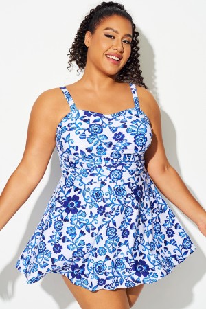 Vestido de baño de cintura imperio fruncido con estampado floral azul porcelana