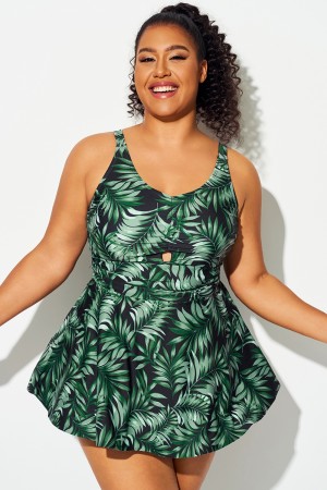 Traje de baño con escote en V y hojas de palma verde