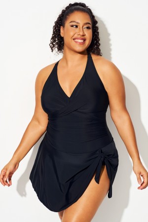 Traje de baño con cintura cruzada y dobladillo de lazo negro