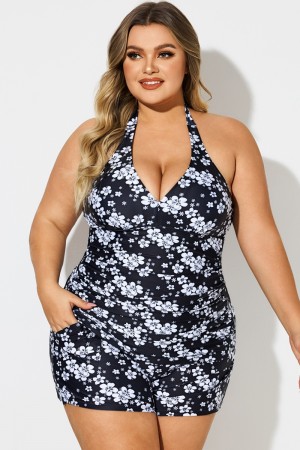 Top Tankini Fruncido Cuello Halter Con Estampado Floral