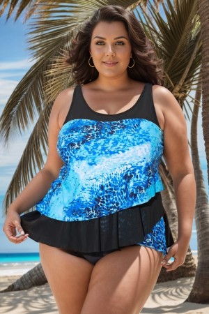 Top de Tankini de Talla Grande Cuello Redondo con Mar Patrón