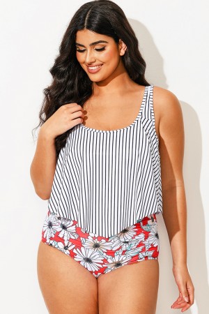 Top Tankini Blusón Con Escote Redondo Y Volante Fruncido A Rayas
