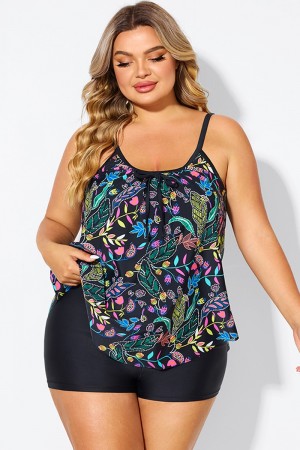 Top de Tankini Negro Correa de Espagueti con Floral Estampado