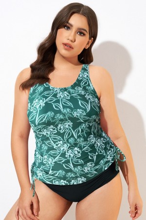 Top de Tankini Verde Espalda Cruzada y Lazo Lateral con Floral Estampado