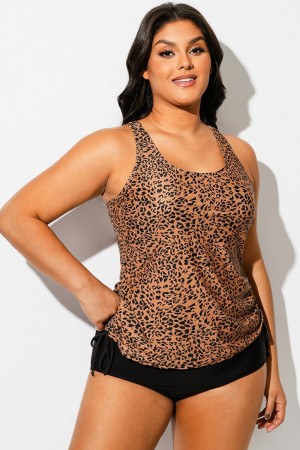 Top Tankini con Espalda Nadadora y Sujetador Incorporado con Estampado de Leopardo