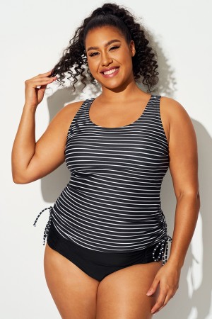 Top de tankini con cordón ajustable y estampado de rayas blancas y negras